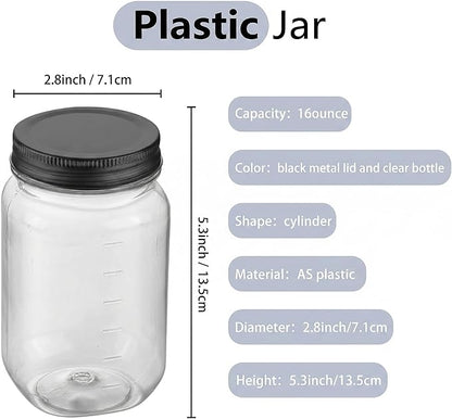 novelinks 16 oz Clear Plastic Jars with Lids, Refillable 16oz Mason Jars with Lids & Storage Containers for Kitchen & Household Use (15 Pack,Black)