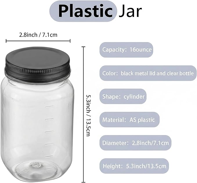 novelinks 16 oz Clear Plastic Jars with Lids, Refillable 16oz Mason Jars with Lids & Storage Containers for Kitchen & Household Use (20 Pack,Black)
