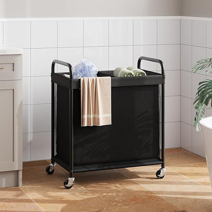 ELYKEN Laundry Hamper 2 Section, 100L Rolling Laundry Sorter with Removable Liner Bag, Laundry Basket with Wheels, Steel Frame with Metal Handle, Clothes Hamper Cart for Laundry Room & Bedroom