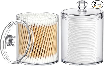 MateeyLife Storage Containers with Lids 2 Pack 10oz, Make Up Organizers for Vanity, Bathroom Organizers and Storage, Q tips for Home and Bathroom Decor, Makeup Holder Set Accessories (Clear)