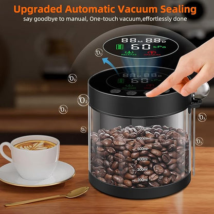 Electric Vacuum Coffee Canister, 0.8L Glass Airtight Food Storage Containers with Smart Pressure Sensor, Automatic Coffee Bean Container Rechargeable with LED Display Window for Kitchen Food Storage