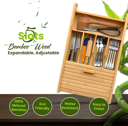 KozyKoala & Co. Bamboo Drawer Organizer with Sliding Lid - 5 Slot Kitchen Drawer Organizer & Utensil Holder - Wood Bamboo Cutlery Tray for Flatware & Multipurpose Storage for Home & Office