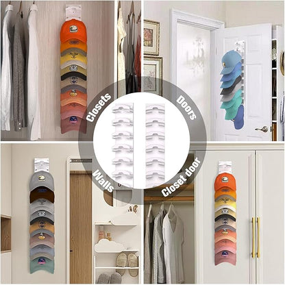 2 Pack Hat Organizer for Baseball Caps, Hat Rack for Wall with Strong Adhesive, Hold Up to 20 Hats, Hat Rack for Door Closet, Multi-Tier Hat Organizer, Two Mounting Options (White)