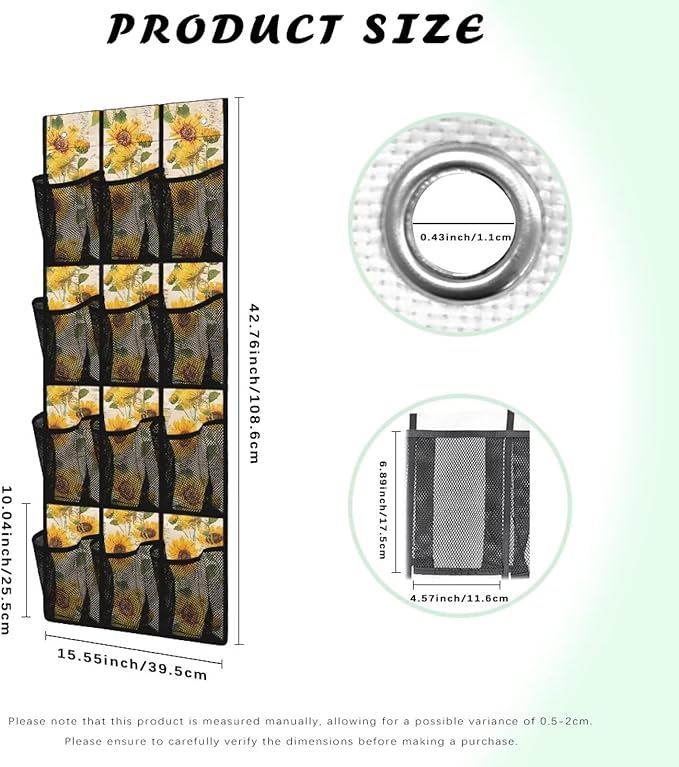 Sunflower Over the Door Shoe Organizer 12 Large Mesh Pockets Sturdy Oxford Shoe Storage Organizer Hanging Shoe Rack for Closet
