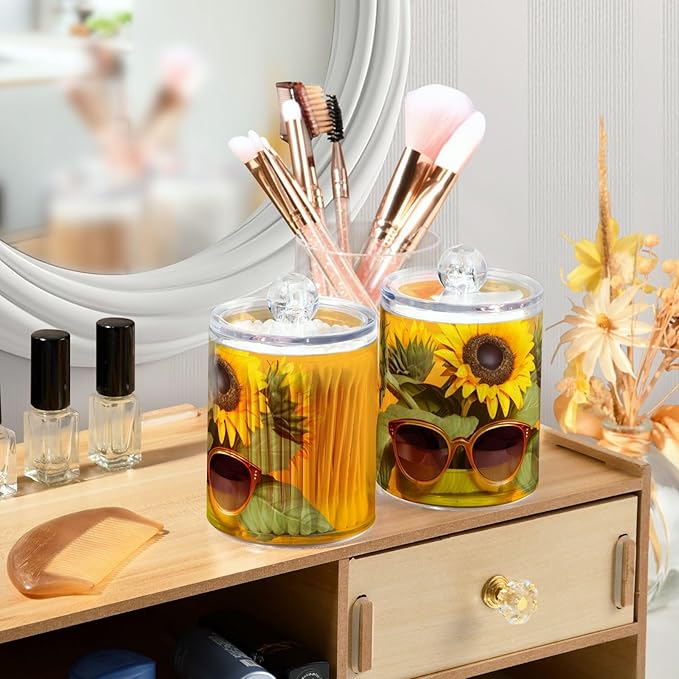 2 Pack Qtip Cotton Ball Holder Dispenser with Lid Funny Sunflower Print, Plastic Jars Bathroom Canisters Storage Organizer