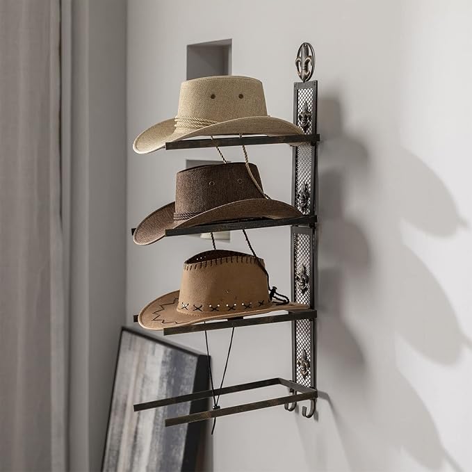 Cowboy Hat Rack for Wall, Metal Fleur-De-Lis Cowboy Hat Holder for 4 Hats, Vertical Western Hat Rack Wall Mount, Rustic Fold-Up Wall Hanging Decorative Hat Racks, 13.8”W x 32.6”H