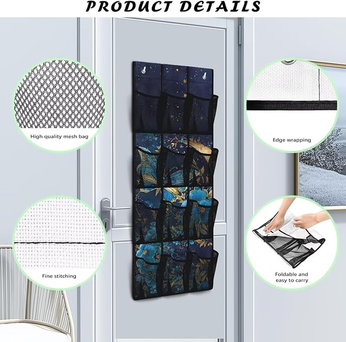 Over The Door Shoe Organizer 12 Mesh Pockets Hanging Storage Holder for Bathroom Bedroom Foldable Space Saving Storage Bag,Moon Butterfly