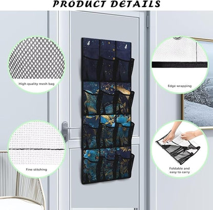 Over The Door Shoe Organizer 12 Mesh Pockets Hanging Storage Holder for Bathroom Bedroom Foldable Space Saving Storage Bag,Moon Butterfly