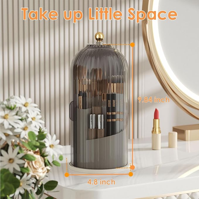 YOOLENS Makeup Brush Holder with Lid 360 Rotating Clear Dustproof Make Up Organizers for Vanity Bathroom Countertop, Gray