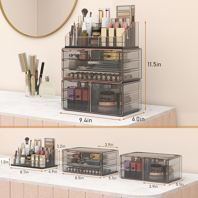 Delamu 3-Tier 6-Drawer Makeup Organizer Countertop Cosmetic Organizer for Dresser and Vanity Bathroom Organizers and Storage for Lipstick Brush Skincare Perfume, Nail Polish, Black with Gilded Borders
