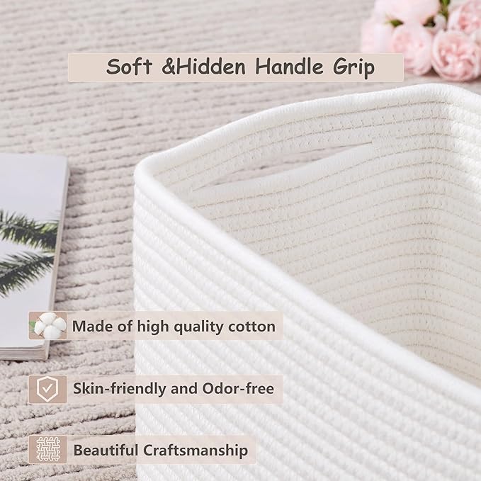 Set of 4 White Rope Basket for Shelves Woven Rectangle Storage Basket Bins for Nursery Toy Storage for Baby Girl 12.7" L x 9" W x 7.8" H