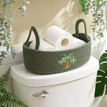 Vesici Coconut Palm Tree Woven Storage Basket for Toilet Tank Top Tropical Beachy Cotton Rope Bathroom Countertop Organizer Basket with Handle Summer Green Bathroom Decor for Bedroom, 13 x 6 x 4 Inch