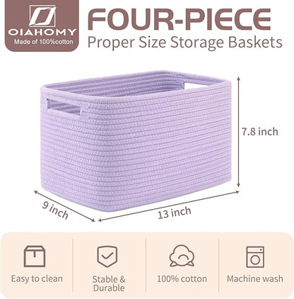 OIAHOMY 4 Pack Storage Baskets for Organizing, Cube Storage Bins for Shelves, Rectangle Storage Baskets With Handles, Woven Baskets for Storage, 12.7''Lx9''Wx7.8''H, Purple