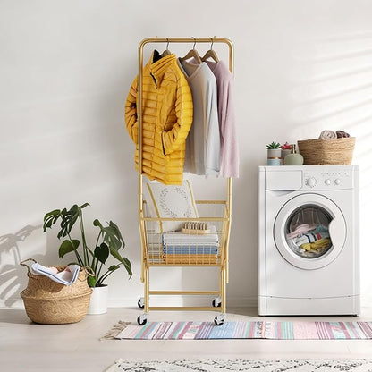 Rolling Laundry Cart with Wheels, Laundry Hamper Basket Organizer with Clothes Hanging Rack, Wire Storage Cloth Shelf Butler, Golden