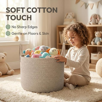 JMvicyroam 65L Extra Large Blanket Basket for Living Room - Woven Cotton Rope Laundry Hamper with Reinforced Handles - Storage Bin for Pillows, Comforters & Toys - Machine Washable,Oatmeal