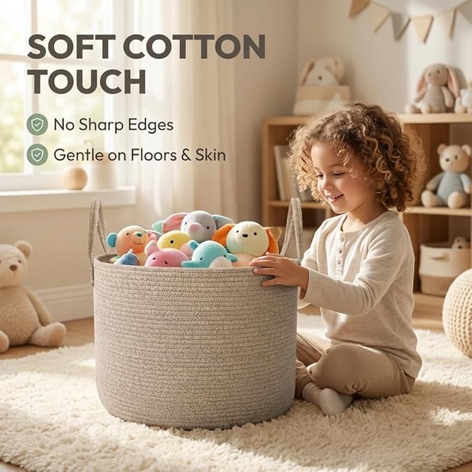 JMvicyroam 115L Extra Large Blanket Basket for Living Room - Woven Cotton Rope Laundry Hamper with Reinforced Handles - Storage Bin for Pillows, Comforters & Toys - Machine Washable,Oatmeal