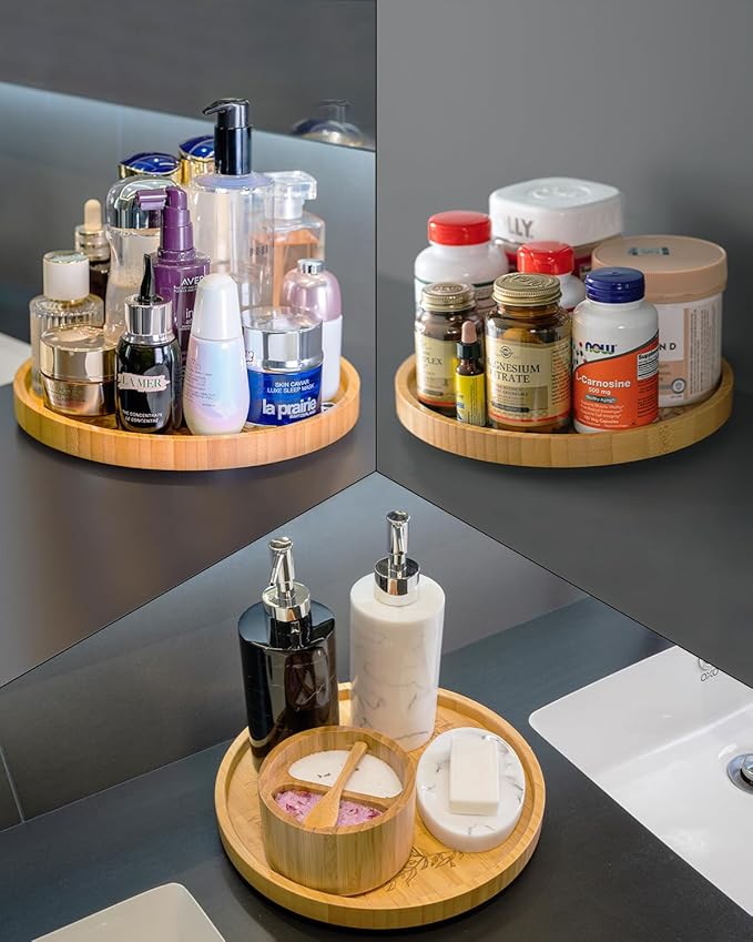 Bamboo Lazy Susan Turntable Organizer 10", Decor Your Kitchen with Elegant Engraved Patterns, Effortless Spinning with Big Roller, Ideal for Cabinet, Pantry, Countertop, and Table Organization