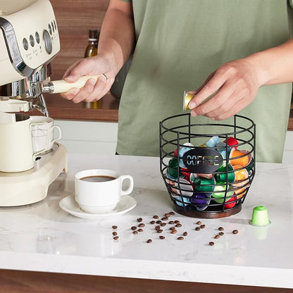 Yangbaga 1pcs Coffee Pod Holder - Large Capacity Black Wire K-Cup Holder With Wooden Base, Modern Basket Bar Decor for Station,Coffee Pods & Capsules, Fruit Snack Storage