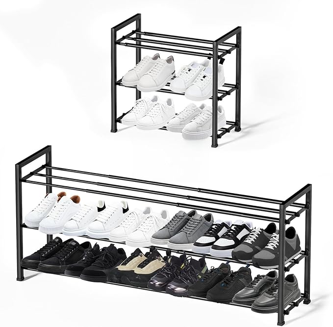 hotqueen 3-Tier Expandable Shoe Rack, 17"-41" Adjustable Shoe Shelf Storage Organizer, Heavy Duty Metal Free Standing Shoe Rack for Entryway Closet Doorway, Suitable for Families & Renters