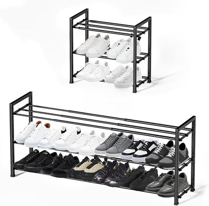 hotqueen 3-Tier Expandable Shoe Rack, 17"-41" Adjustable Shoe Shelf Storage Organizer, Heavy Duty Metal Free Standing Shoe Rack for Entryway Closet Doorway, Suitable for Families & Renters