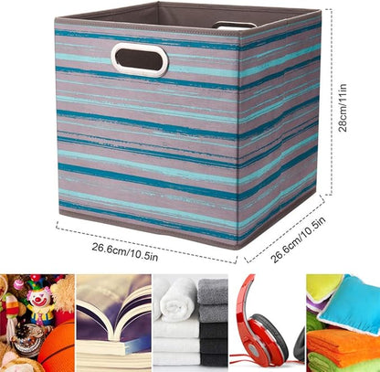 6 Cube Storage Bins Teal Stripes Gradient Lines 10.5x10.5x11 Inch Foldable Whale Coastal Print Fabric Half Storage Basketes for Home Organizers Storage Drawer,QY-SC12-6