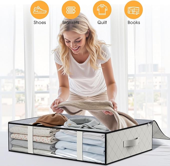 StorageRight Under Bed Storage Bags 4 Pack, 40L Large Clothes & Comforter Storage Containers with Clear Window, Breathable Fabric Organizer for Blankets, Bedding, Seasonal Clothing, White