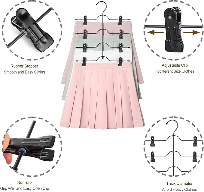 TOPIA HANGER 4 Tier Skirt Hangers for Women, Pants Hanger Space Saving with Adjustable Clips, Save 80% More Space, Clip Hanger for Slacks, Trousers, Shorts, Jeans, Towels, 2-Pack, CT73B