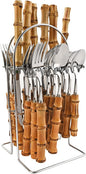 24-Piece Bamboo Flatware Set, Silver Stainless Steel Tableware Set With Cutlery Holder, Kitchen Utensils For Home And Restaurant Daily Use, Mirror Polish, Service For 6