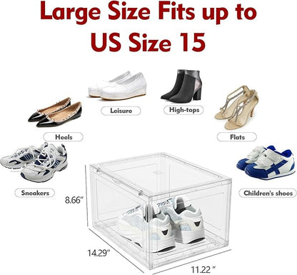 12 Packs Large Acrylic Clear Shoe Boxes with Magnetic Door, Strong Stackable Shoe Organizers, Sneaker Containers, Boot Display Case Up to US Size 15