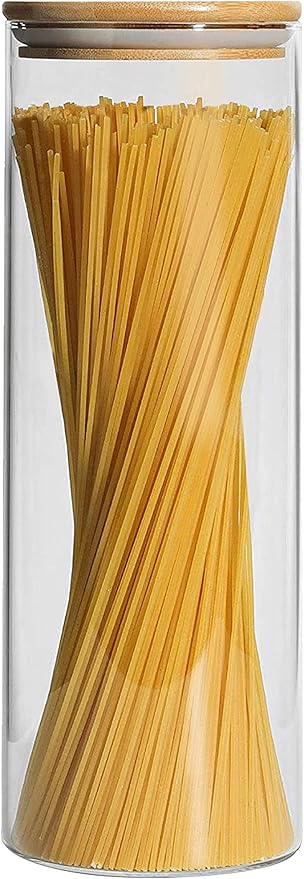 Cestari Pasta Storage Jars: Spaghetti Container Glass Pasta Jar with Bamboo Lid, Airtight Dry Food Storage Kitchen Canister for Snacks, Macaroni, Rotini, Noodles, Candy, and More; 1100 ml, 11.5 inches