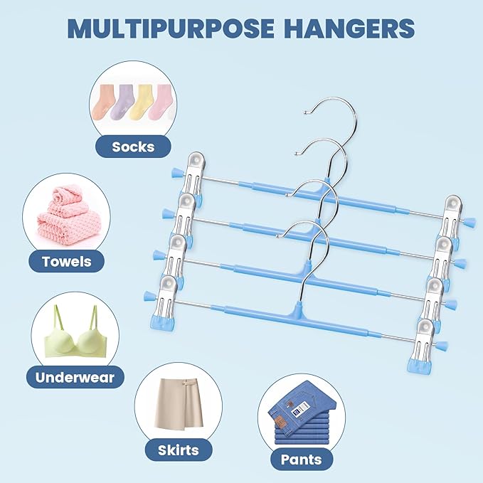 HUADYMEET 30 Pack 12Inch Pants Hangers with Clips,Metal Trouser Hanger for Jeans.Space Saving Skirt Hangers Heavy Duty Non-Slip Adjustable Clothes Shorts Hanger for Women,Men,Sky Blue