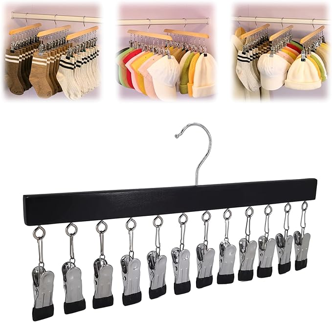 Closet Organizer with 12 Clips, 2026 New Space Saving Hanging Closet Organizer, Hat Scarf Clothespins for Legging Jeans Skirts Socks Pant Hangers (Black-12 Clips, 1 Pcs)