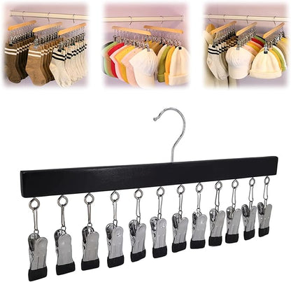 Closet Organizer with 12 Clips, 2026 New Space Saving Hanging Closet Organizer, Hat Scarf Clothespins for Legging Jeans Skirts Socks Pant Hangers (Black-12 Clips, 1 Pcs)