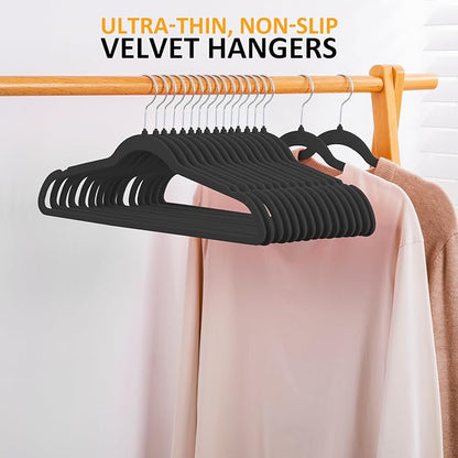 Velvet Hangers, 50 Pack Black Slim Felt Hangers with 360 Swivel Hook, Non-Slip, Heavy Duty for Coats, Pants & Dresses
