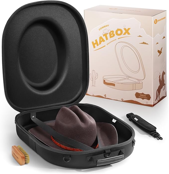 BRANTMAKER Cowboy Hat Box, Cowboy Hat Case for Travel, Crush Proof Storage for Western/Panama/Fedora, Carrier with Adjustable Shoulder Strap & Brush