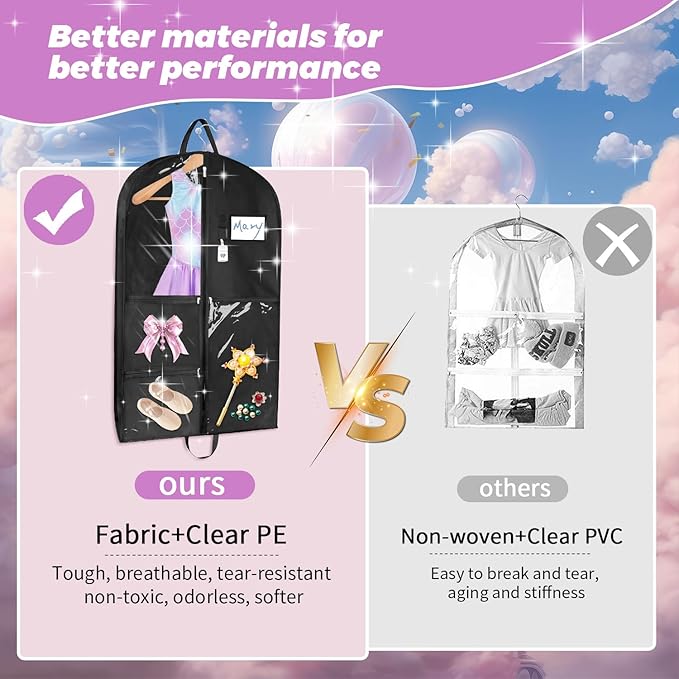 Sishynio Garment Bag, 43 Inch Black Garment-Bags for Hanging Clothes, Clear Waterproof Garment Bags with 5 Pockets, Dance Garment Bags, Kids Garment Bag for Dance Competitions Sports Suit Travel
