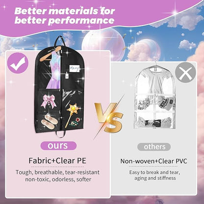 Sishynio Garment Bag, 43 Inch Black Garment-Bags for Hanging Clothes, Clear Waterproof Garment Bags with 5 Pockets, Dance Garment Bags, Kids Garment Bag for Dance Competitions Sports Suit Travel
