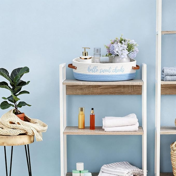Hello Sweet Cheeks Bathroom Decoration Blue and White Cotton Rope Toilet Basket Toilet Paper Holder Basket Rustic Bathroom Organizer Farmhouse Home Decoration Organizing Small Baskets