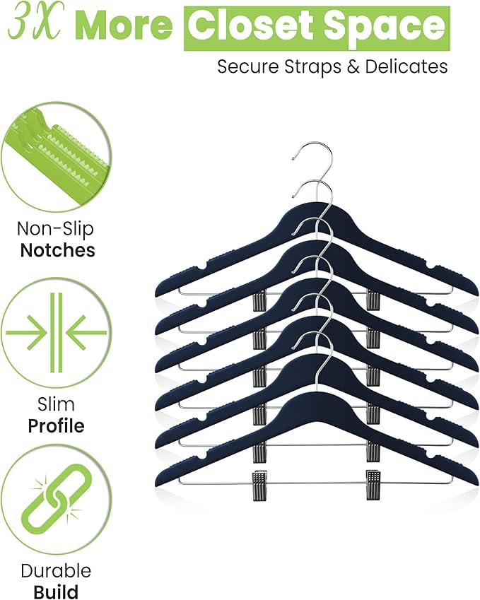 All Hung Up Hangers Slim Plastic Clothes Hangers with Clips, Space-Saving Design with Non-Slip Grip, Durable for Everyday Use, Navy, 100pcs