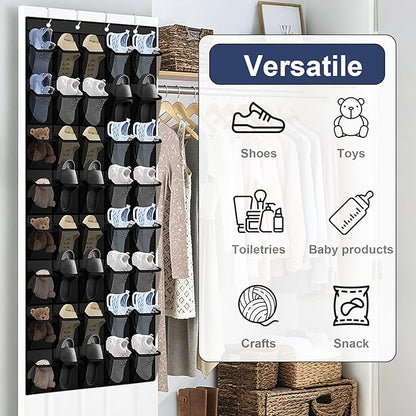 Over the Door Shoe Organizer - 40 Large Breathable Mesh Pockets, Space Saving Hanging Shoe Organizer with Metal Hooks, Hanging Shoe Rack for Men's and Women's Shoes (Black)