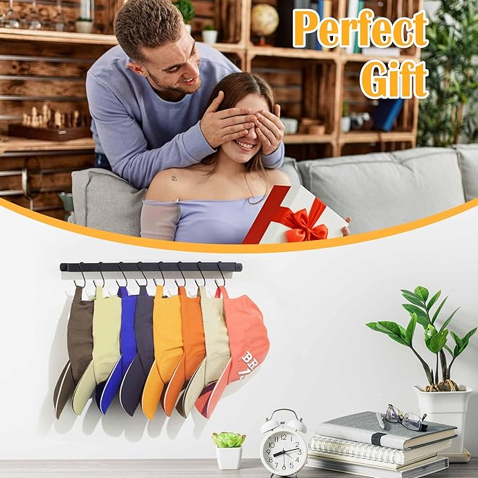 Hat Organizer Closet Organization Wall: 17 Inch Hat Holder with 12 Adjustable Stainless Steel Clips - Baseball Caps Organizer Fits All Caps - Tie Belt Hanger for Closet Storage Solution - 1 Pack