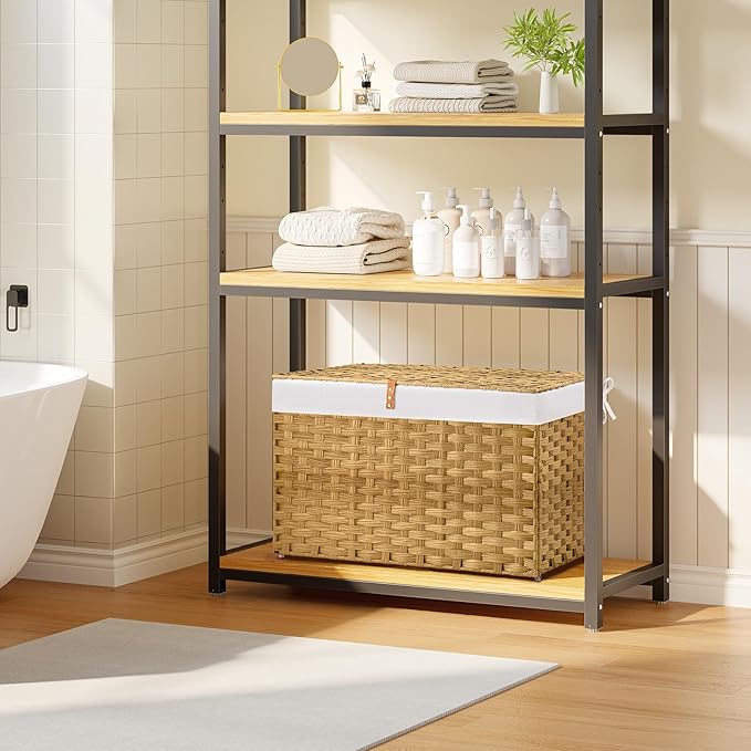 GREENSTELL Storage Basket with Lid, 42.3 Gallon(160L) Lagre Wicker Blanket Storage Basket with Handles, Foldable, 2 Removable Liner Bags, Metal Frame, for Bedroom, Laundry Room, Brown,30"*18.1"*18.1"