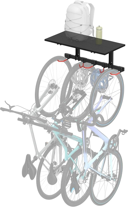 Mount-It! WheelsUp Bike Wall Mount with Shelf | Garage Storage Rack for 3 Bikes & Accessories | Adjustable Padded Hooks, Max Capacity 275 lbs | Ideal Bike Rack Garage Wall Mount for Organized Spaces
