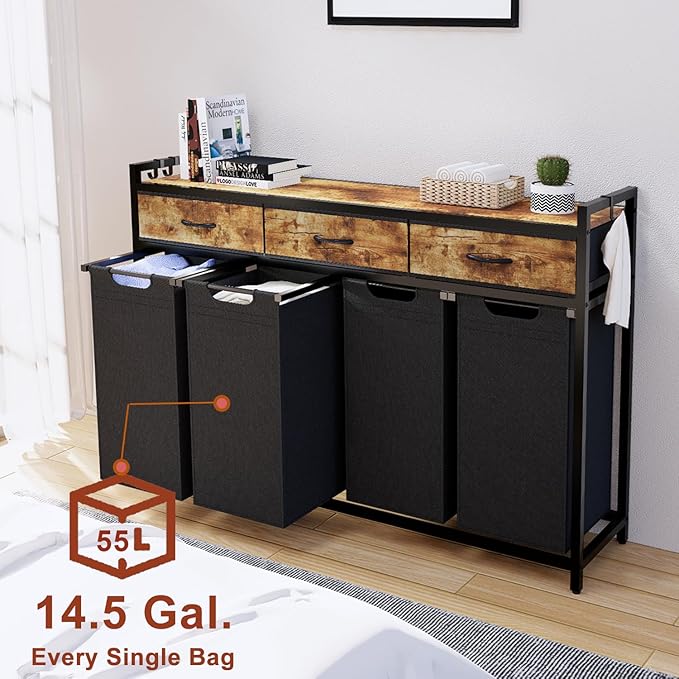 Timberer Laundry Hamper, Laundry Sorter 4 Sections, Rolling Laundry Basket with Wheels, 3 Drawers, 4 × 14.5 Gal (55 L), Pull-Out and Removable Oxford Fabric Bags, Black and Rustic Brown