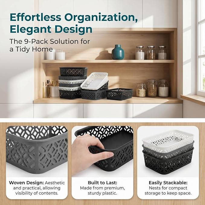 ZEAYEA 9 Pack Small Plastic Storage Basket, Classroom Organizer Baskets for Shelves Desk Drawer, Pantry Woven Basket Bins for Bedroom Closet Office School, 7.7" L x 5.5" W x 2.4" H