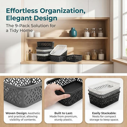 ZEAYEA 9 Pack Small Plastic Storage Basket, Classroom Organizer Baskets for Shelves Desk Drawer, Pantry Woven Basket Bins for Bedroom Closet Office School, 7.7" L x 5.5" W x 2.4" H