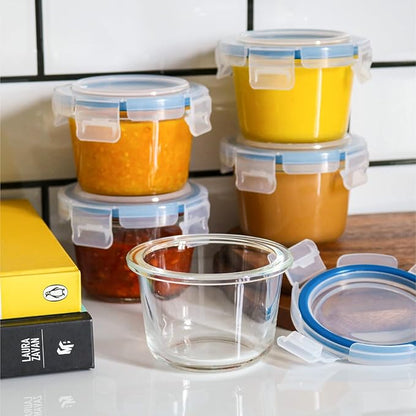 Set of 6 Small Glass Storage Containers, 7 oz Food Containers with No-Spill Lids, Thick Glass Jars for Meal Prep, Baby’s Snacks, Leftovers and Sauces, Dishwasher & Microwave Safe