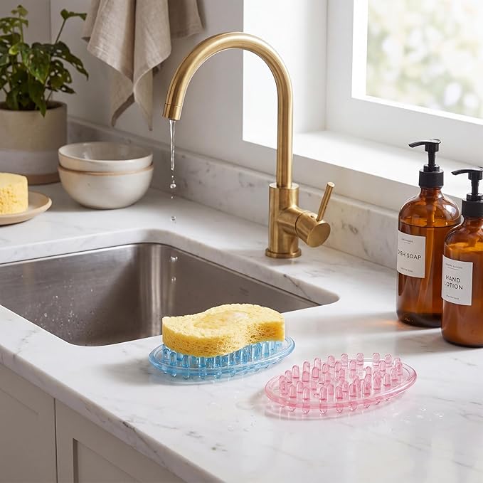 2 Pcs Plastic Soap Holder Soap Dish Bar Saver Tray with Holes Sponge Holder for Kitchen Bathroom Shower Counter, 4.5 x 3 x 0.7 Inches (Pink,Blue)