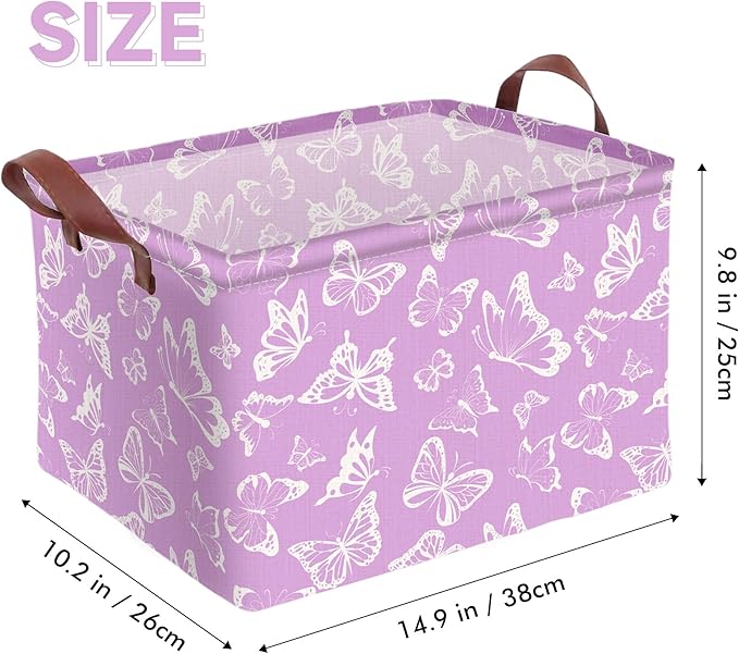 Purple Butterfly Storage Basket Waterproof Canvas Toy Storage Bin Decorative Collapsible Outdoor Basket with Leather Handles Purple Gifts Basket For Closets,Bedrooms,Home,Bathroom