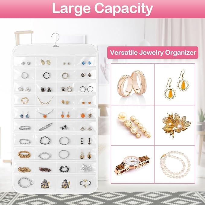 3 Pack Hanging Jewelry Organizer, 80 Clear Pockets earring organizer and storage, Accessories holder organizer for Closet, Jewelries, Necklace, Travel